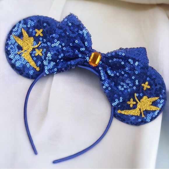 New Tinkerbell Headband w/ Blue Sequin Bow & Gold Gemstone - Disney Inspired! - Picture 6 of 6